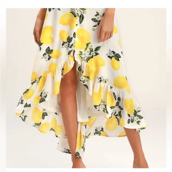 Lulus - Afternoon Air Yellow Lemon Print High-Low Midi Dress - Size M - Picture 2 of 13